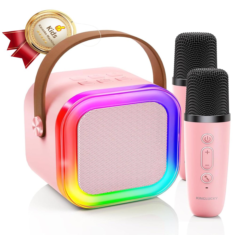 Kinglucky Mini Karaoke Machine for Kids, Top Birthday Gift Pick for Girls Ages 3, 4, 5, 6, 7, 8, 9, 10, 11, 12 Years Old, Kids' Personal Video Players Accessories with 2 Mics Valentines Day Gifts Pink