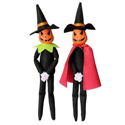 14Inch Halloween Pumpkin Elf Plush Stuffed Doll,Handmade Pumpkin Elf Toy with Black Hat,White Gloves,Dresses,and Cape for Halloween and Autumn Harvest Holiday Tabletop Home Decorations(Red+Green)