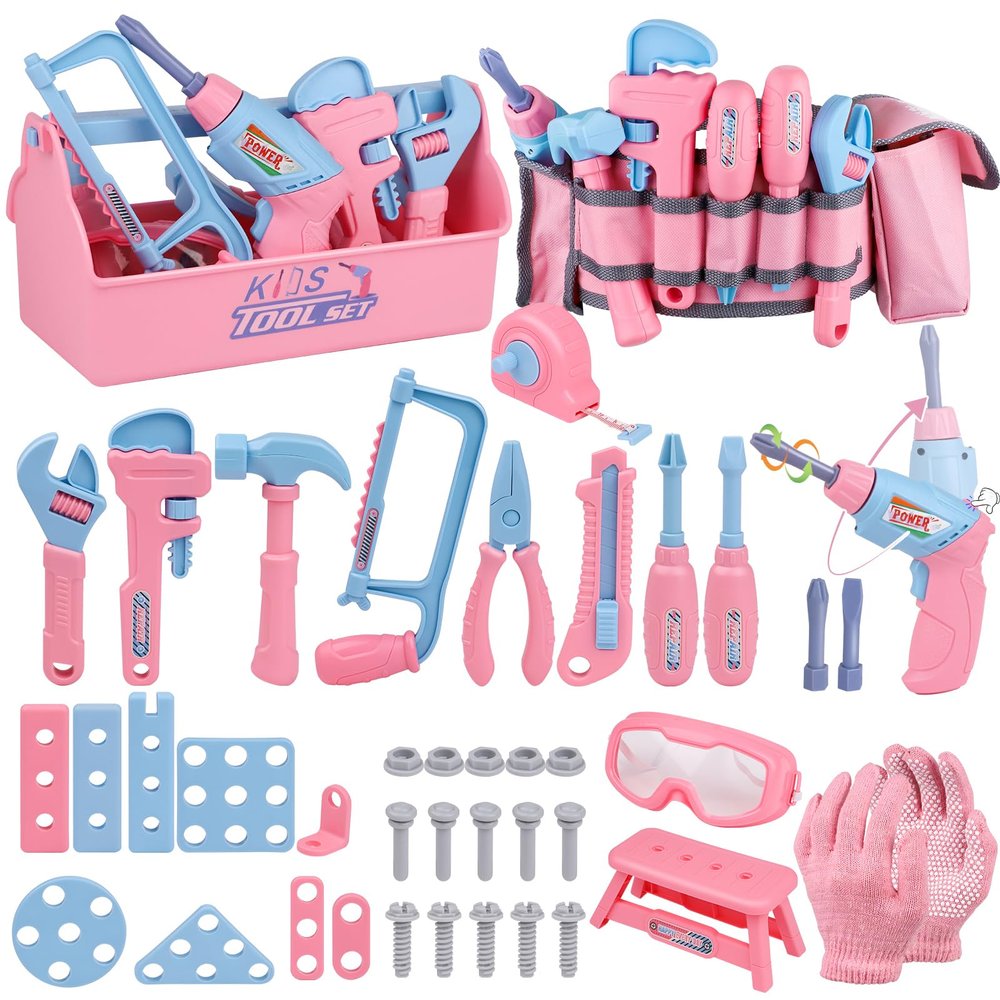 Kids Tool Set, 48PCS Toddler Tool Set with Electronic Toy Drill & Kids Tape Measure,Pretend Play Construction Toys Costume with Kids Tool Belt & Gloves,Toy Tools Box for Girl Boy Ages 3-8