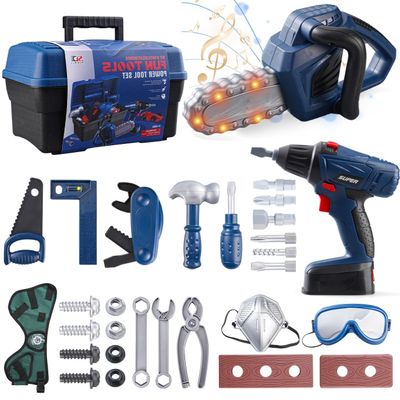 Daioler Kids Tool Set Toy-32 Pcs Toddler Tool Set with Carrying Case, & Electronic Toy Chainsaw & Drill,Pretend Play Kid Toys with Tool Belt,Toy Construction Tools for Kids Ages 3 4 5 6 7 8 Years Old