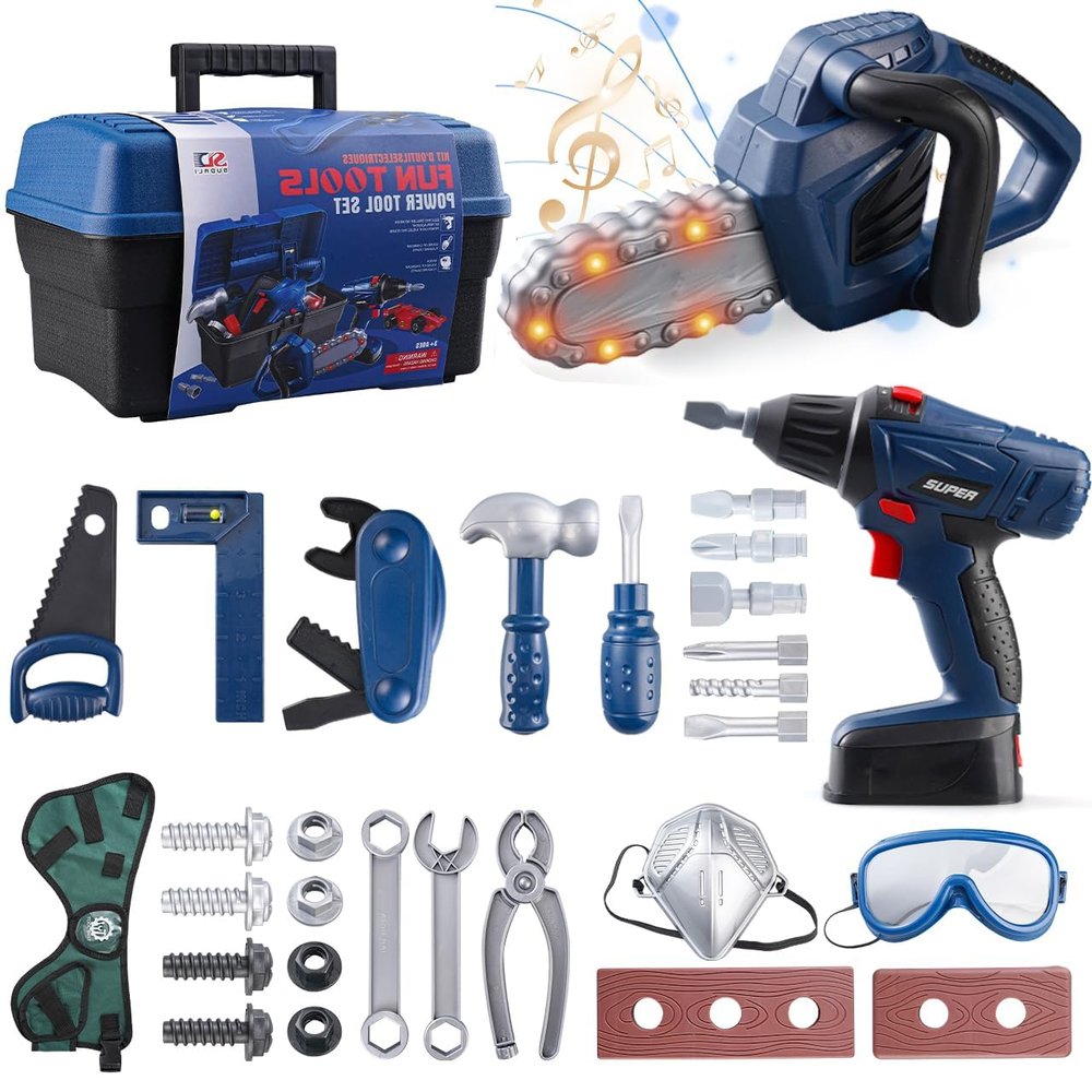 Daioler Kids Tool Set Toy-32 Pcs Toddler Tool Set with Carrying Case, & Electronic Toy Chainsaw & Drill,Pretend Play Kid Toys with Tool Belt,Toy Construction Tools for Kids Ages 3 4 5 6 7 8 Years Old