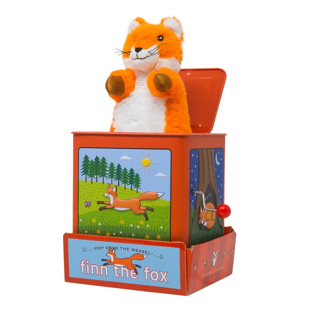 Jack Rabbit Creations Finn The Fox Jack in The Box Toy, Plush Fox, Side Crank Plays Pop Goes The Weasel, Surprise Pop-Up, Kids Age 3+