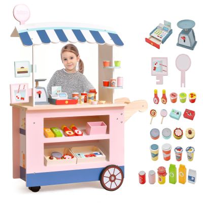 INFANS Wooden Grocery Store Marketplace Toy, Market Stand Shop Pretend Play Set with Universal Wheel Food Scale Cash Register Beverage Rack 30 Accessories Gift for Ages 3+