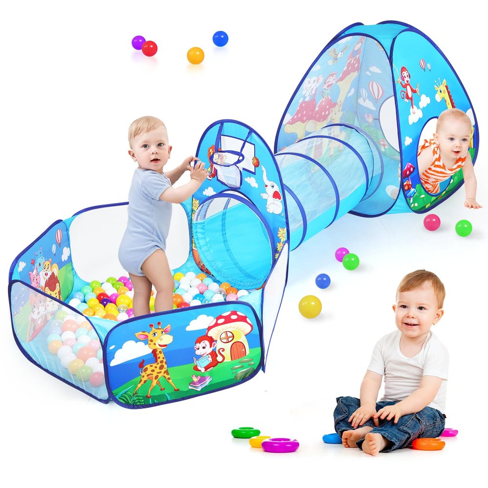 3 in 1 Kids Play Tent for Toddler with Baby Ball Pit and Play Tunnel, Children Indoor Outdoor Playhouse with Climbing Tunnel Toy for Toddlers, Boys and Girls Best Birthday Gifts (3pc Jungle Ball Pit)