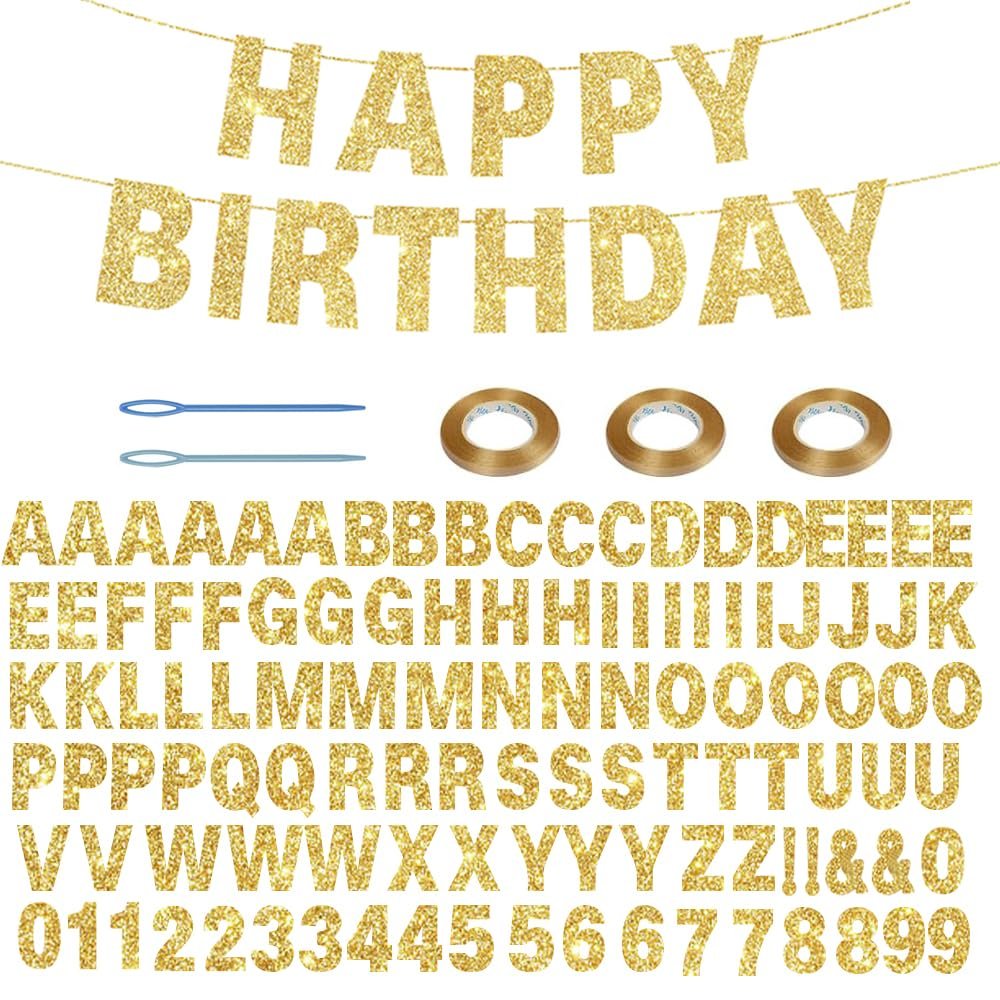 116 Pcs DIY Glitter Custom Banner Kit - Customize with 111 Letters and Numbers, 3 Rope, 2 Threading Devices for Graduation, Birthday Decor (Golden)