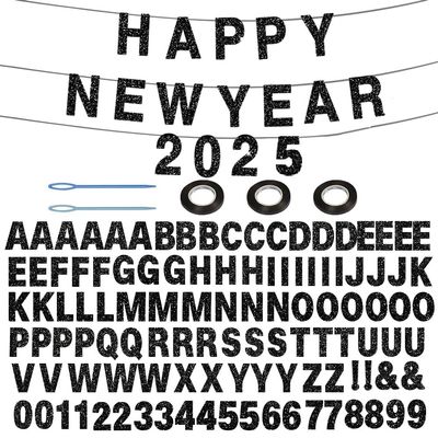116 Pcs DIY Glitter Custom Banner Kit - Custom Banner Including 111 Letters and Numbers, 3 Rope and 2 Threading Devices for Personalized Decor for Halloween Party, Birthday (Black)