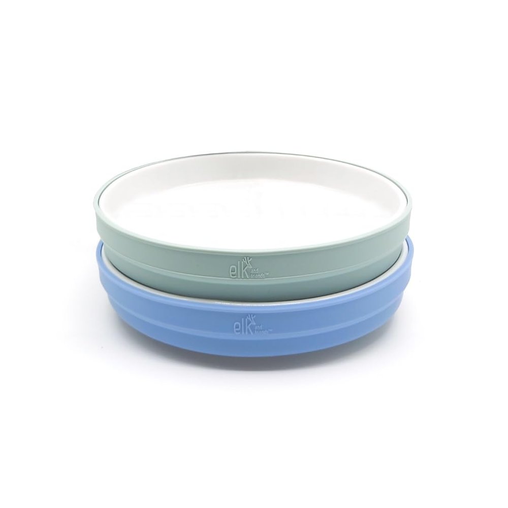 Elk and Friends Kids 7.8 Porcelain White Plates with Silicone Sleeves | Suitable for Babies/Toddlers | Microwave & Dishwasher Safe | Non Slip Dinnerware | Snack Dishes | 2 Pack