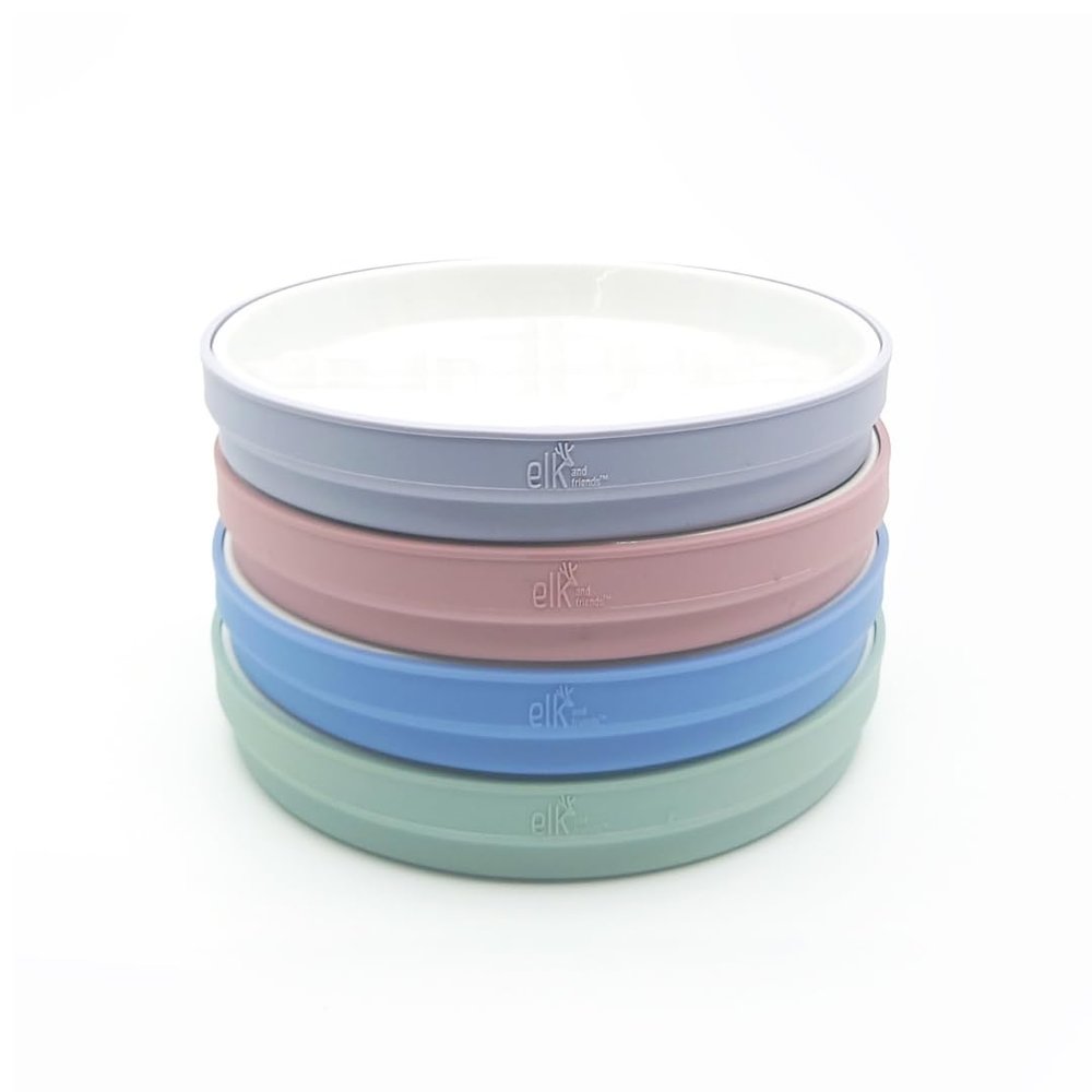 Elk and Friends Kids 7.8 Porcelain White Plates with Silicone Sleeves | Suitable for Babies/Toddlers | Microwave & Dishwasher Safe | Non Slip Dinnerware | Snack Dishes | 4 Pack