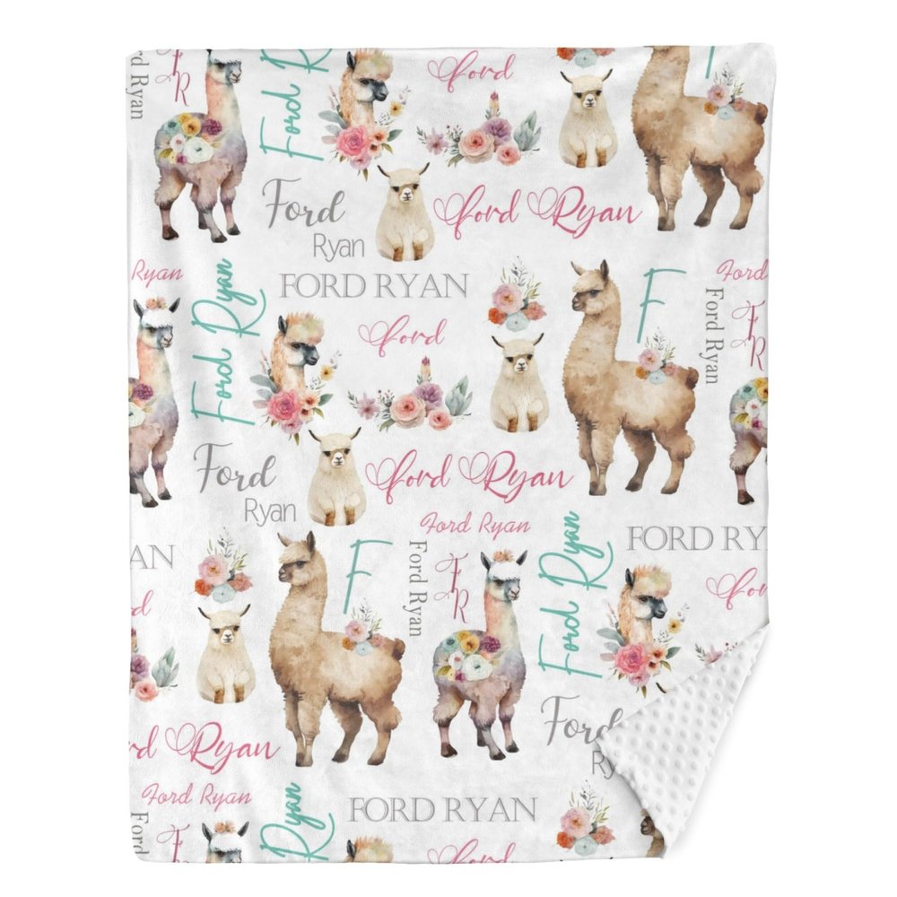 Personalized Baby Blanket with Alpaca Llama Custom Blanket with Name Double Layer Soft Plush Minky Blanket with Dotted Backing, Receiving Baby Blanket Girl, Perfect Newborn Toddler Gift