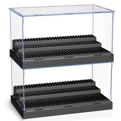 KKU Display Case for Minifigure Action Figures Blocks, Acrylic Minifigure Display Case Box Storage with 3 Movable Steps Gift for Kids Adults Black, 2 Pack