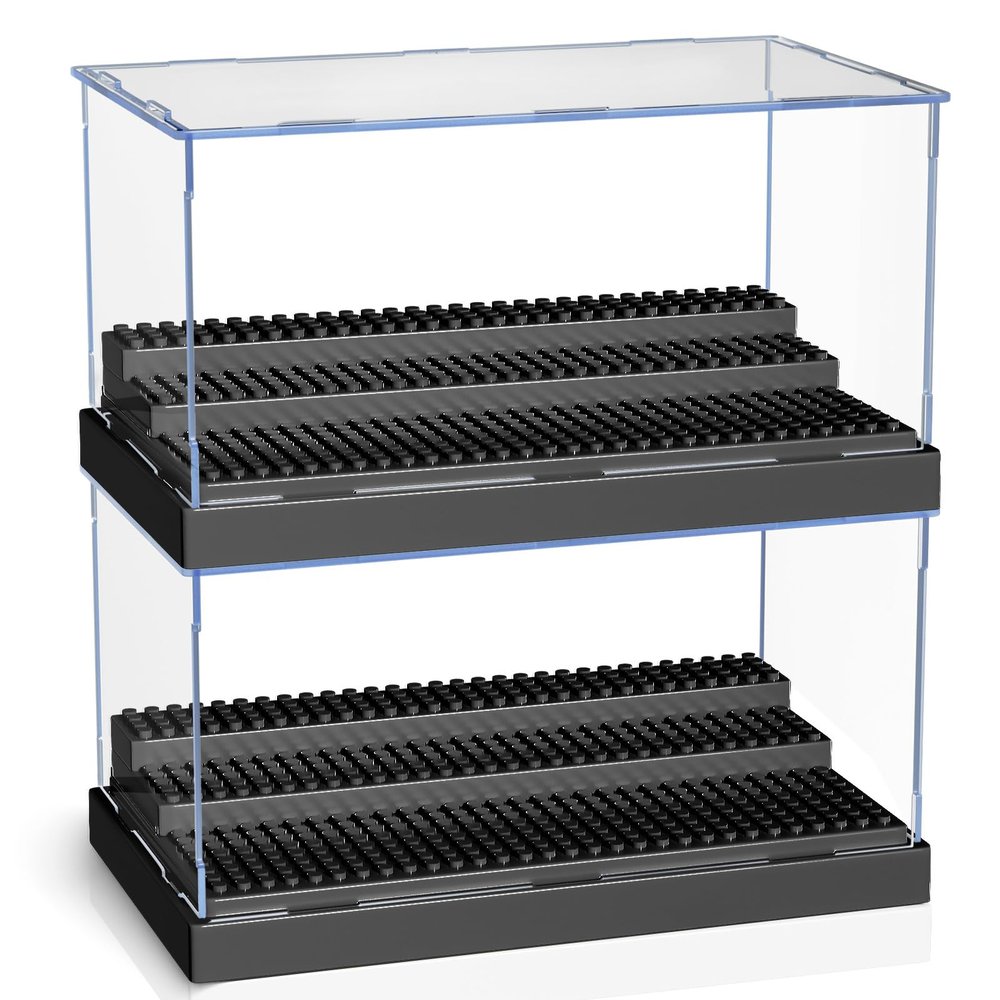 KKU Display Case for Minifigure Action Figures Blocks, Acrylic Minifigure Display Case Box Storage with 3 Movable Steps Gift for Kids Adults Black, 2 Pack