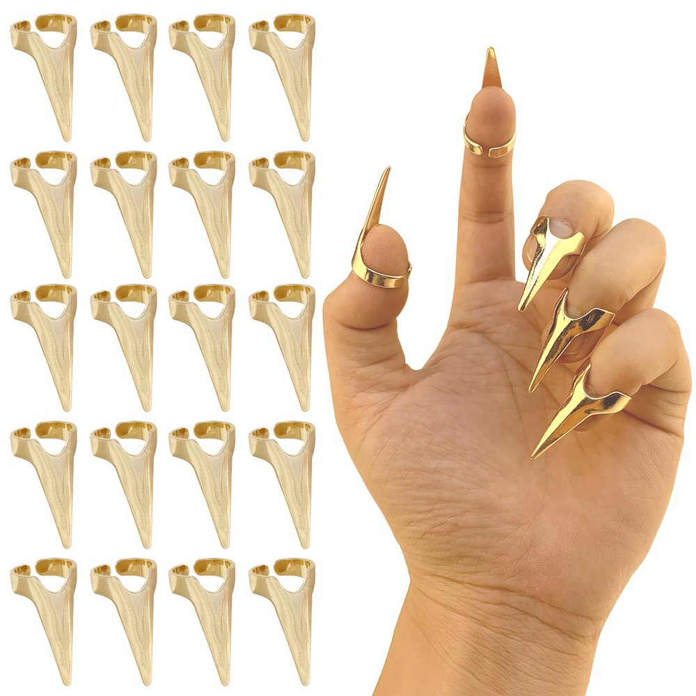 20Pcs Finger Claws Cosplay Claws Rings Adjustable Open Claw Rings Full Finger Set Metal Nail Punk Rock Fingertip Braiding Hair Parting Tool for Holiday Party Decoration UnisexGold