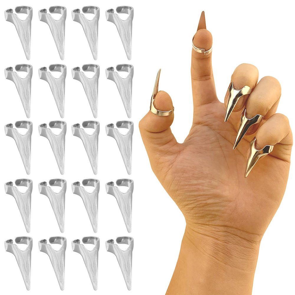 20Pcs Finger Claws Cosplay Claws Rings Adjustable Open Claw Rings Full Finger Set Metal Nail Punk Rock Fingertip Braiding Hair Parting Tool for Holiday Party Decoration UnisexSilver