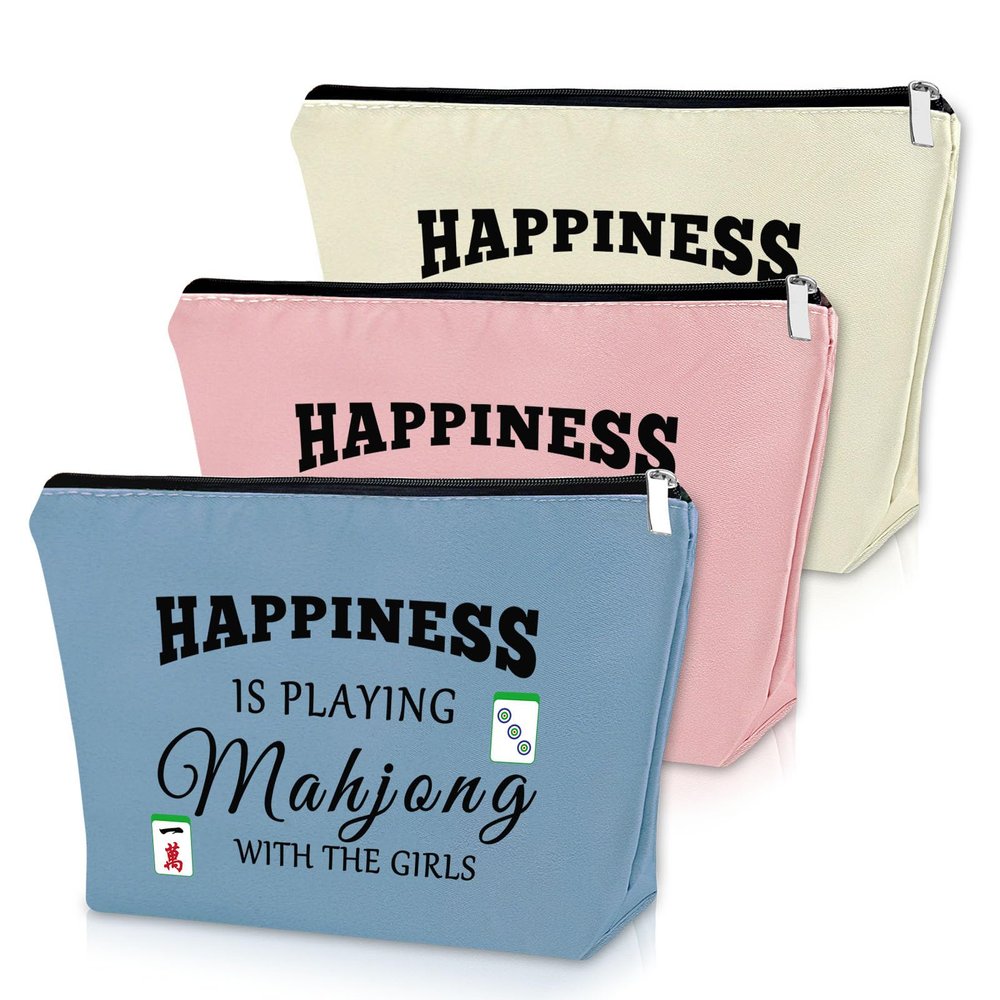 3PCS Mahjong Themed Birthday Gifts for Sister Cosmetic Bags for Mahjong Players Grandma Mom Friends Makeup Bag Christmas Retirement Present Travel Pouch