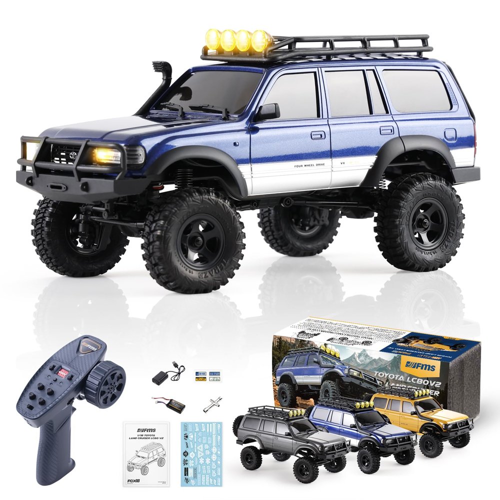 BEEZRC FMS RC Crawler 1/18 FCX18 Land Cruiser LC80 RTR Toyota Licensed 4WD RC Rock Truck 2.4Ghz 900mAh Hobby Grade RC Car Model Mini Remote Control Car Off Road Vehicle FMS11831RTRBU(Blue)