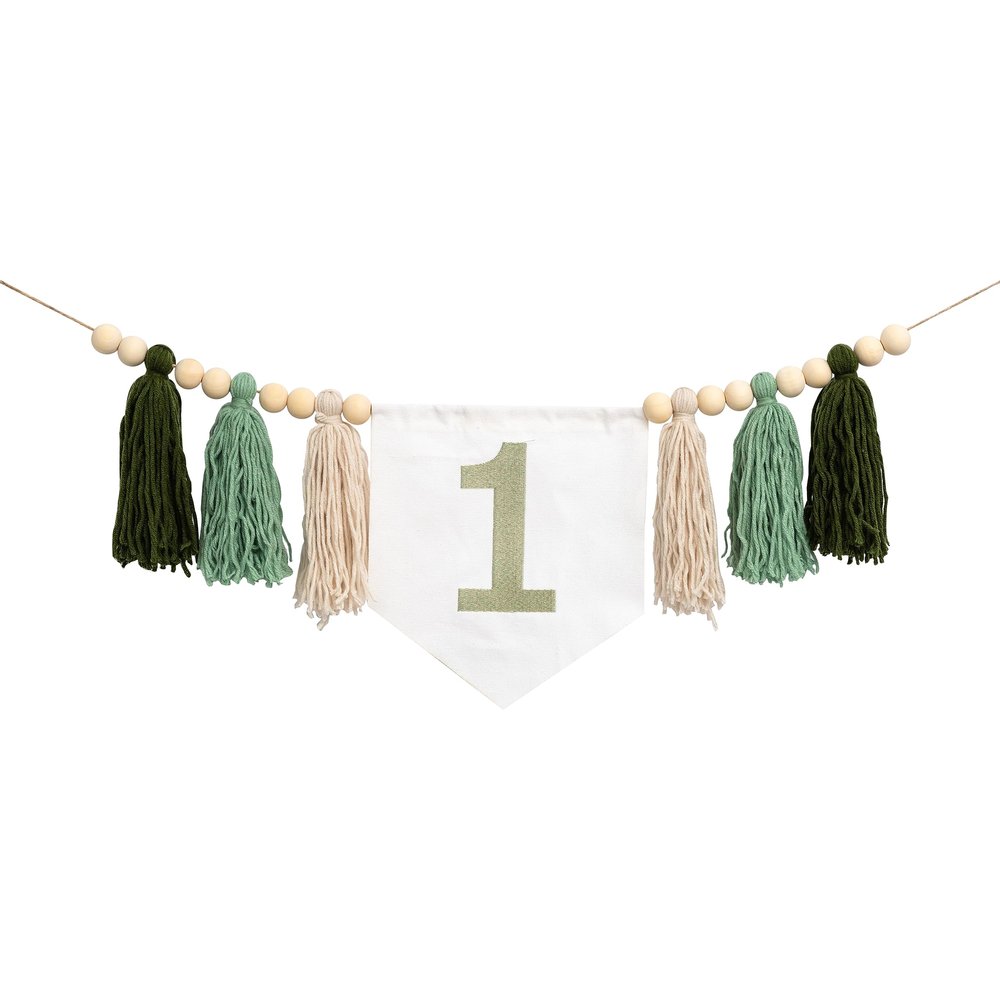 1st Greenery High Chair Banner - Green Tones Yarn Tassel Garland, Nature Green 1st Birthday, Olive GreenCake Smash Garland, Neutral Birthday (Green 1st Tassel)