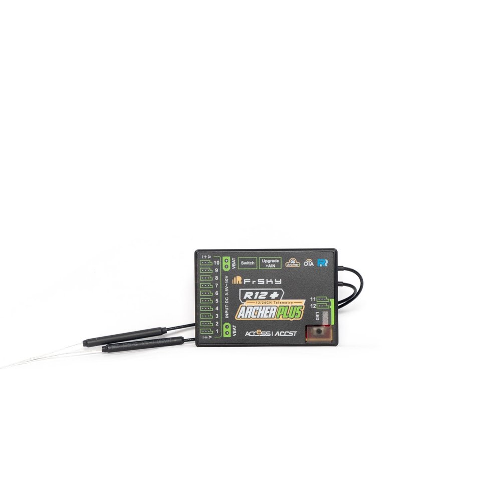 FrSky Archer Plus R12+ RC Receiver, 2.4GHz 12 Configurable Channel Ports Support Access & ACCST D16 Mode, Dual XT30 Power Input with Built-in Power Switch & Black-Box Function for RC Airplane Glider