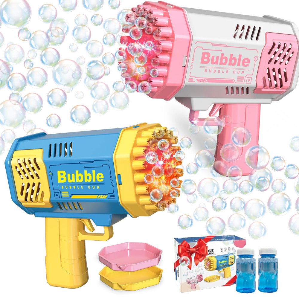 LUSJNGE 2 Bubble Gun with 2 Bottles Refill Solution for Kids, 40-Hole Light Up Bubble Machine for Toddlers 1-3, Bubble Blaster Maker, Party Favors Toys for Boys Girls 4-8 Birthday Gifts