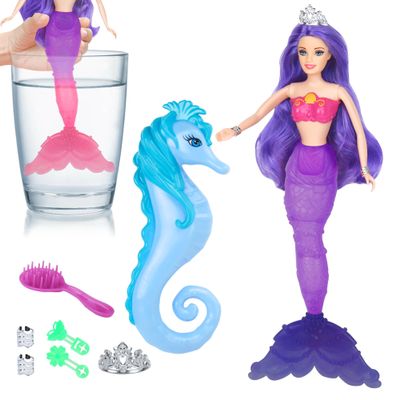 BETTINA Color Change Mermaid Doll Playset, Mermaid Princess Doll with Color-Changing Tail, Mermaid Toys with Seahorse & Accessories, Purple Hair