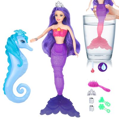 BETTINA Magical Color Changing Mermaid Doll, Princess Mermaid Toy with Seahorse & Dolls Accessories - Vibrant Purple Hair and Transforming Tail, Mermaid Gifts Toys for Girls Aged 3-7