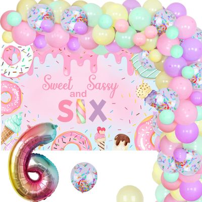 Wonmelody Sweet Sassy And 6 Birthday Decor Backdrop Sweet 6th Birthday Party Decor for Girls Ice Cearm 6th Dount Party Banner Pastel Donut Balloon Garland Kit with Number 6 Balloon Supplies for Girl