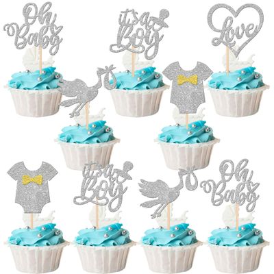 30 PCS Baby Shower Oh Baby Cupcake Toppers It's a Boy Cupcake Picks Glitter Tie Onesie Love Heart Cake Picks Decorations for Gender Reveal Baby Shower Boys Birthday Party Supplies Silver