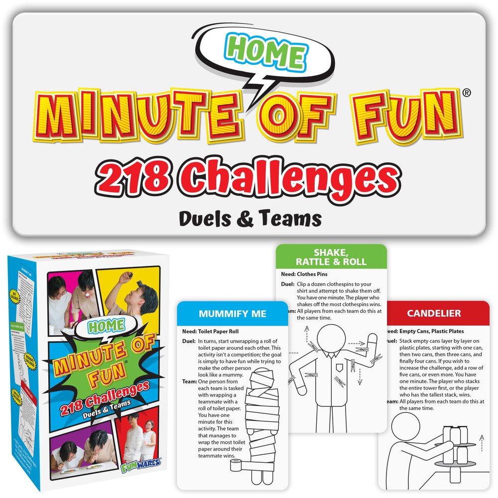 Funwares Home Edition, 218 Minute of Fun Games - Minute to Win It Family Party & Travel for Kids & Adults, 2-12 Players! Play with Everyday Household Items.