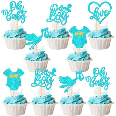 30 PCS Baby Shower Cupcake Toppers Glitter Tie Onesie Love Heart Oh Baby Cupcake Picks It's a Boy Cake Decorations for Baby Shower Gender Reveal Kids Boys Birthday Party Supplies Blue