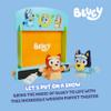Bluey Wooden Puppet Theater for Kids Playset, 20" Kids Pretend Stage Puppets, Interchangeable Fabric Backdrops & Roll-Down Curtain view 2