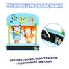 Bluey Wooden Puppet Theater for Kids Playset, 20" Kids Pretend Stage Puppets, Interchangeable Fabric Backdrops & Roll-Down Curtain view 3