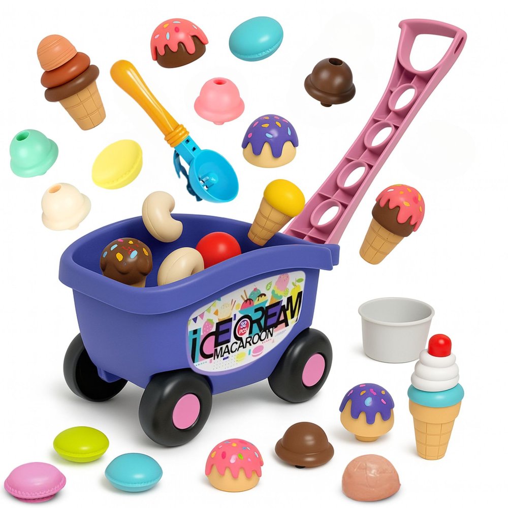 32 PCS Ice Cream Cart Toys for Toddlers, Kids Pretend Play Food Scoop & Serve Macaroon Dessert Set, Kitchen Accessories Icecream Shop Wagon