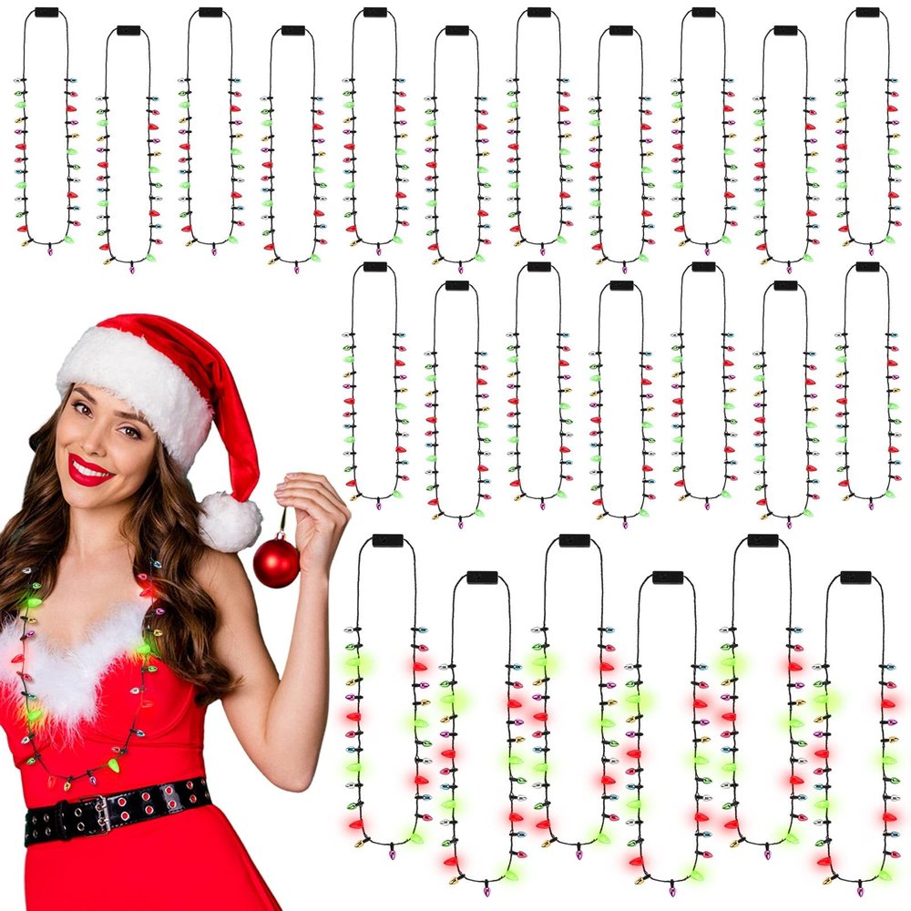 Remuuly 24 Pcs Christmas Light Necklace Bright Light up Bulb Necklace, Christmas Jewelry LED Mini Bulbs for Women Men Ugly Party Favors Birthday Xmas Accessories
