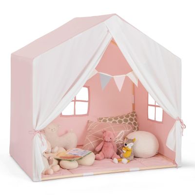 Costzon Large Kids Tent with Mat, Children's Play Tent w/Flag Banner, Windows, Gauze Curtain, Solid Wood Frame, Indoor Outdoor Kids Playhouse for Boys & Girls Age 3 + (Pink)