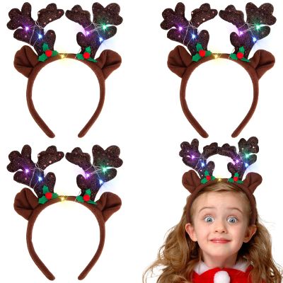 3 otters 3PCS Light Up Reindeer Headbands, Christmas Reindeer Hairband with Glitter Sequins LED Antler Hair Hoops for Kids Women Christmas Party Costume