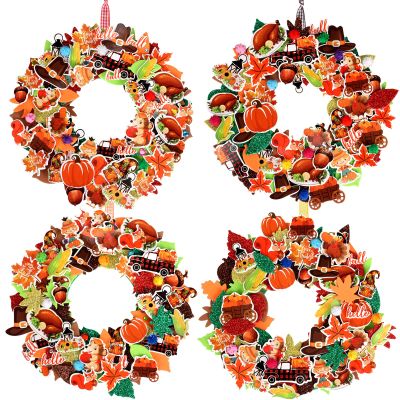 12 Sets Thanksgiving Wreath Decorations, Thanksgiving DIY Foam Wreath Signs Fall Craft Kit Turkey Maple Leaves Pumpkin Foam Stickers for Kids Fall Harvest Classroom Home Activity