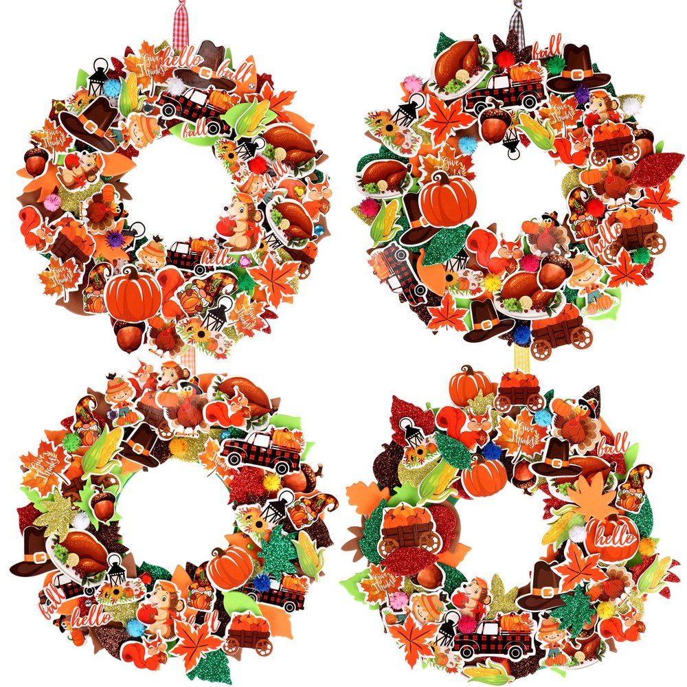 12 Sets Thanksgiving Wreath Decorations, Thanksgiving DIY Foam Wreath Signs Fall Craft Kit Turkey Maple Leaves Pumpkin Foam Stickers for Kids Fall Harvest Classroom Home Activity