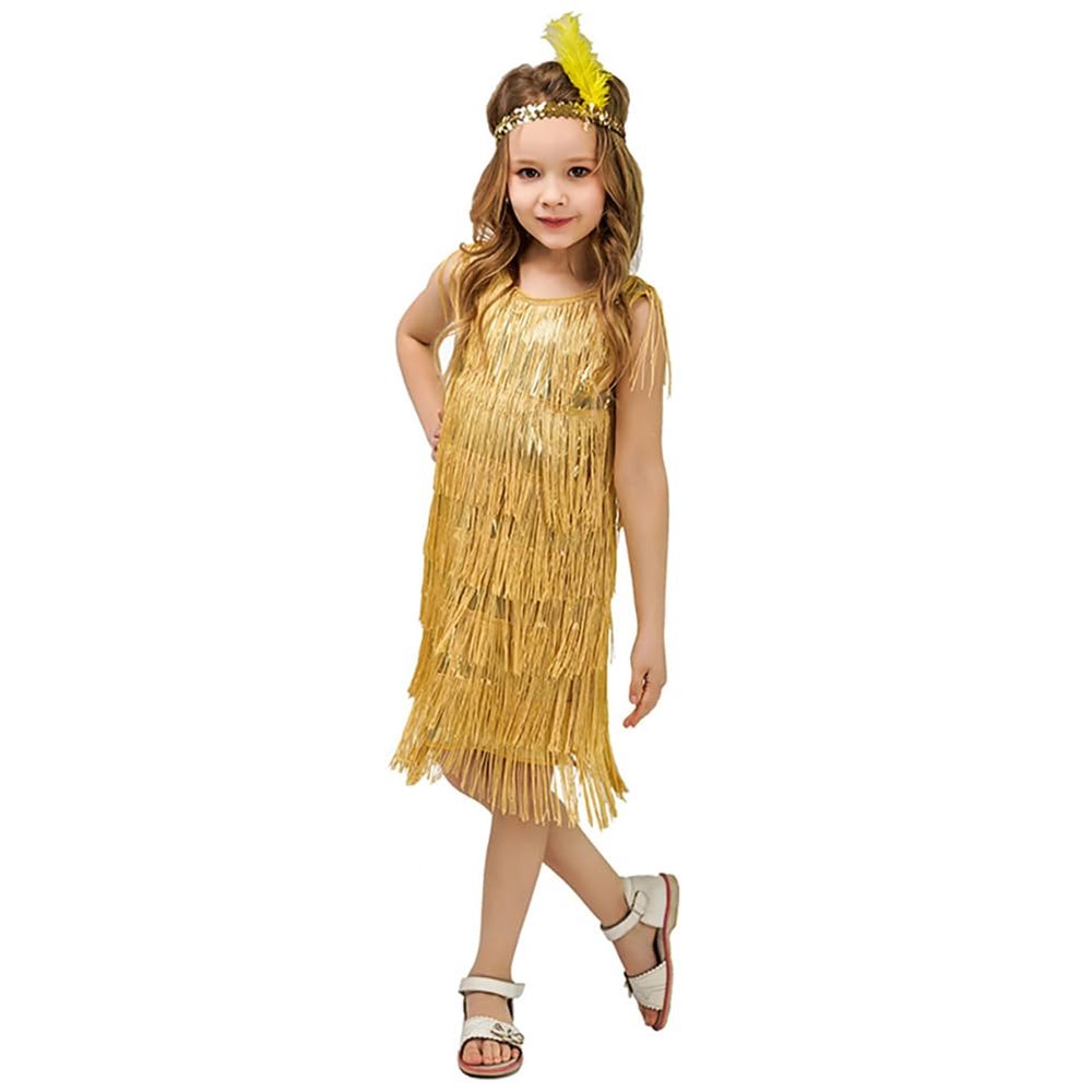 1920s Flapper Dress for Girls Gold Flapper Dresses 1920s Gatsby Sequin Fringe Dresses with Feather Headband Roaring 20s Flapper Costumes for Kids Latin Dance Dress Gold 4-6 Years