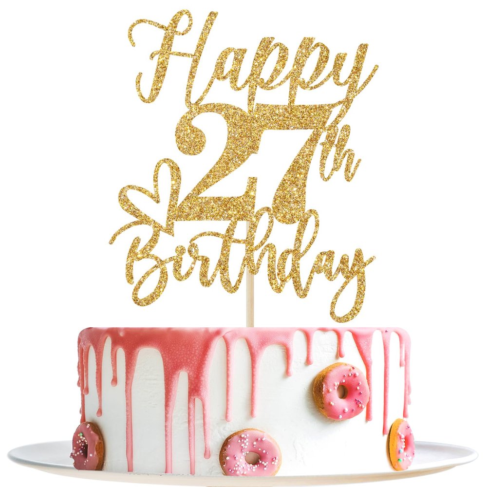Gold Glitter Happy Birthday Cake Topper, Funny 27th Birthday Party Supplies