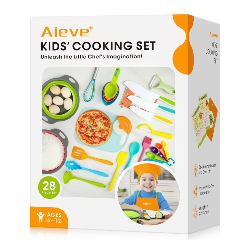 Aieve Kids Cooking Sets Real, 28 Pcs Kids Baking Set Including Kids Knife Set Utensils Kitchen Playset for Real Cooking with Kitchen Tool Guide Recipes