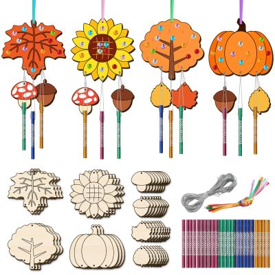 12 Pack Wind Chime Kits for Kids, DIY Autumn Make Your Own Fall Wind Chime DIY Coloring Paint Fall Wooden Arts and Crafts Birthday Party Favor for Girls Boys