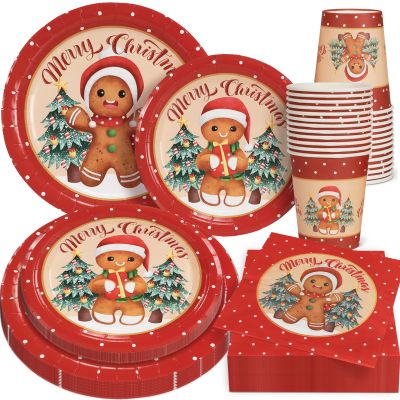 100 Pieces Gingerbread Christmas Decorations Set Serves 25 Christmas Party Disposable Tableware Gingerbread Man Paper Plates Napkins Cups for Xmas Gingerbread Theme Party Supplies
