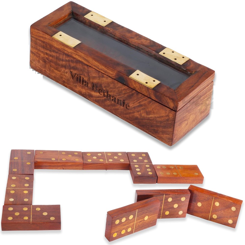 The Maryam Crafts Personalized Handmade Wooden Dominoes Set | Double Six Professional Size with Decorative Wooden Storage Box (Rosewood, Personalized)