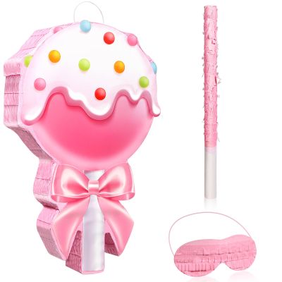 Aoriher Candy Party Favor Candy Piata with Stick Blindfold Pink Sweet Lollipop Candy Piata for Birthday Party Supplies Decoration