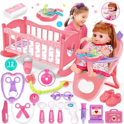 Baby Doll Toys Set, 14" Doll Toys, 25Pcs Dolls Care Toy Playset, Toddlers Toy Dolls Set Incl Cradle Crib, High Chair, Milk Bottle, Pacifier, Diaper, Baby Gift for Age 3 4 5 6+ Years Old Girls Boys