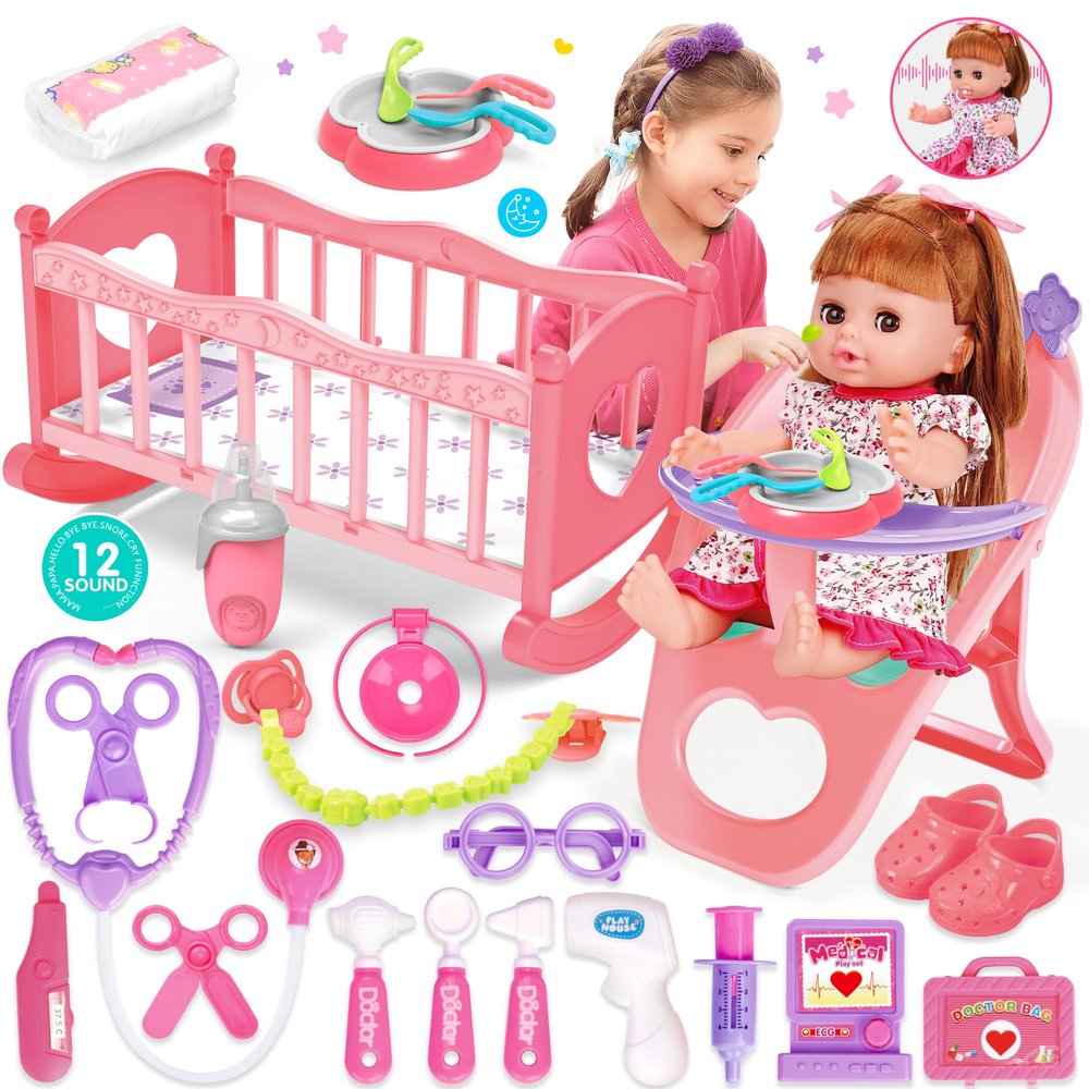Baby Doll Toys Set, 14" Doll Toys, 25Pcs Dolls Care Toy Playset, Toddlers Toy Dolls Set Incl Cradle Crib, High Chair, Milk Bottle, Pacifier, Diaper, Baby Gift for Age 3 4 5 6+ Years Old Girls Boys