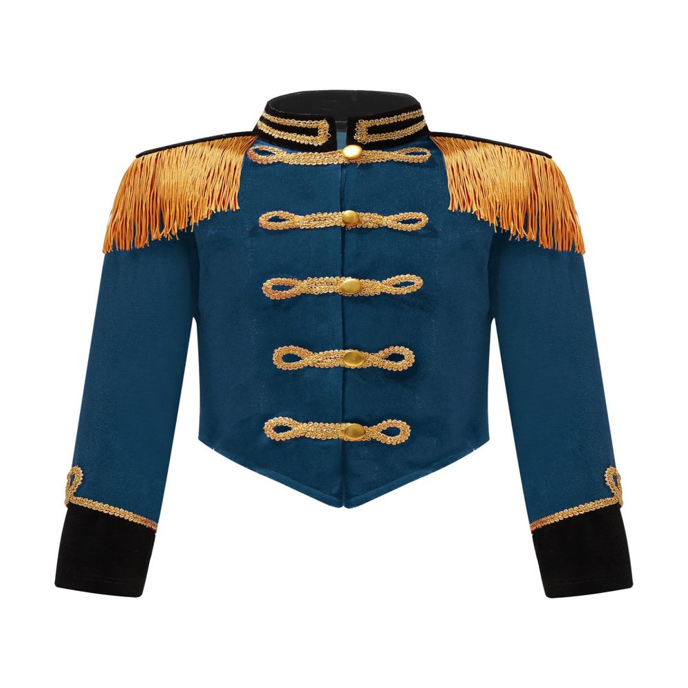 JEYPINMI Girls Circus Ringmaster Drum Majorette School Marching Band Uniform Long Sleeve Tassels Jacket Tops Peacock Blue 14 Years