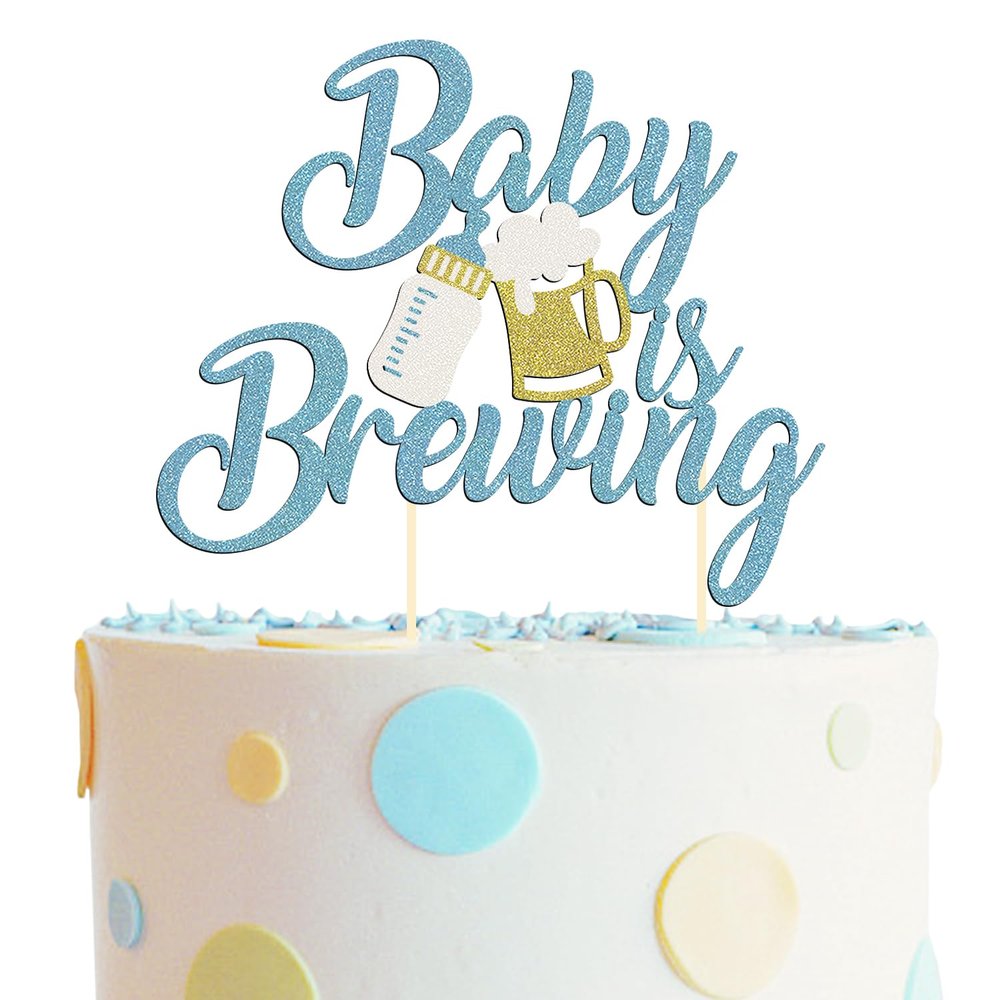 1 Pack Glitter Baby is Brewing Cake Topper for Beer Themed Baby Shower Decoration Beer Baby Gender Reveal Decoration (Blue baby)