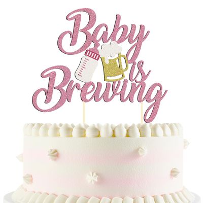 1 Pack Glitter Baby is Brewing Cake Topper for Beer Themed Baby Shower Decoration Beer Baby Gender Reveal Decoration (Pink baby)