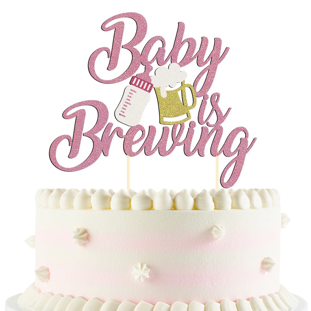 1 Pack Glitter Baby is Brewing Cake Topper for Beer Themed Baby Shower Decoration Beer Baby Gender Reveal Decoration (Pink baby)