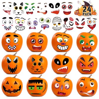24 Pack Pumpkin Decorating Stickers, Face Stickers for Mini Small Pumpkin Make Your Own Face for Kids Toddlers Halloween Game Activities Gifts Party Favors